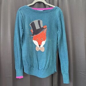 Joules Teal Sweater with Fox and Top Hat
